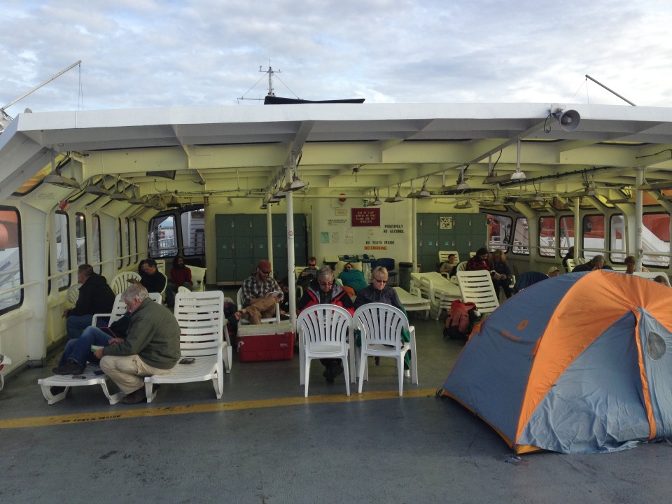 They have heat lamps in this area and you can sleep on the chairs if you have sleeping bags. Tents need to be duck tapped down.