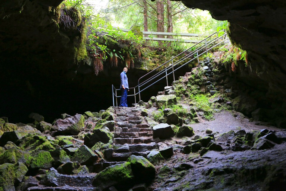 Descending into Ape Cave lava tubes.