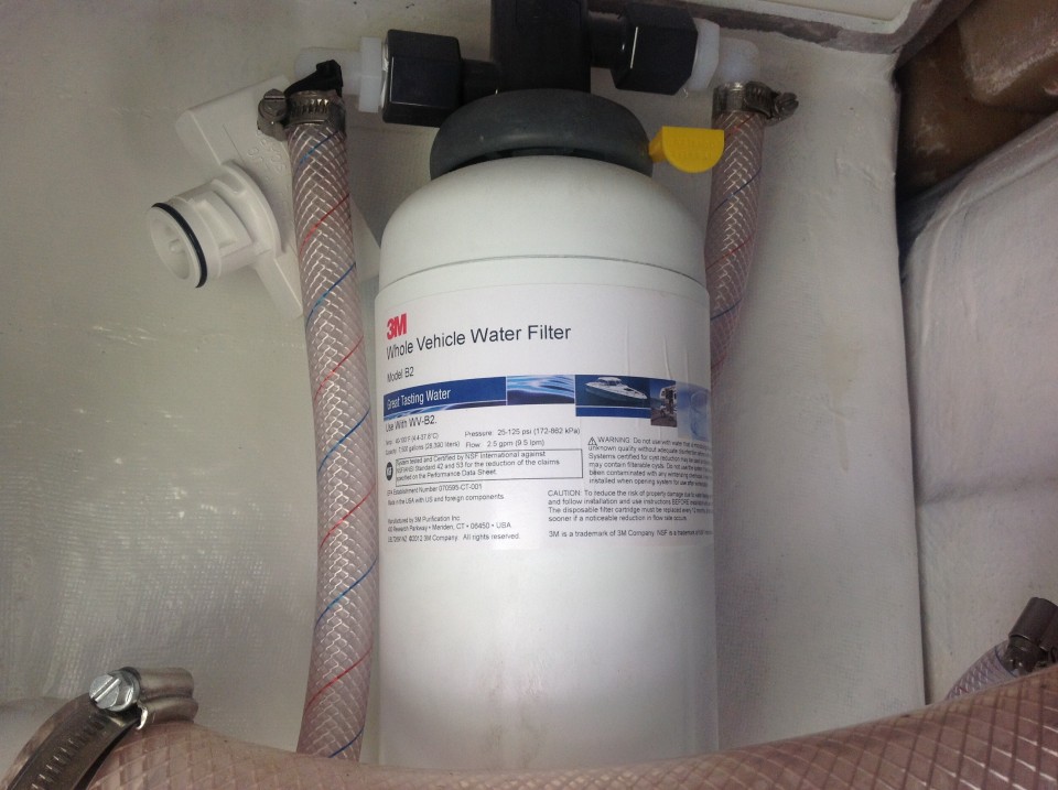 Our 3M water filter can supposedly filter 7500 gallons of water.  That is over 100 refills of our fresh water tank!