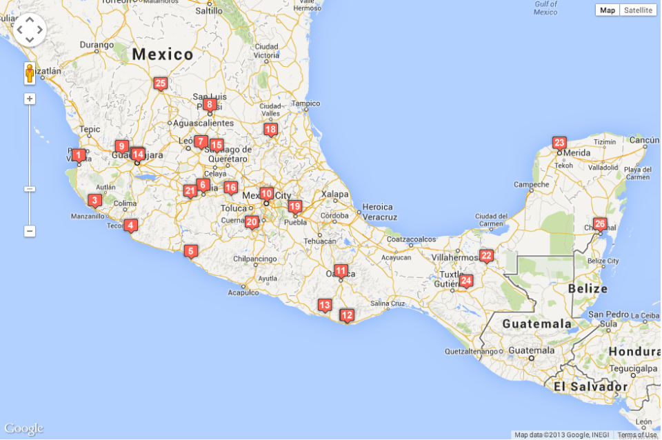 The list of cities we wanted to visit, plotted on a Google Map. 