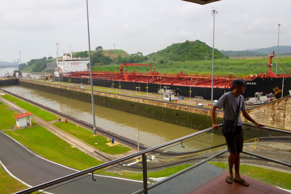 Sam watching the tanker enter into the first lock.