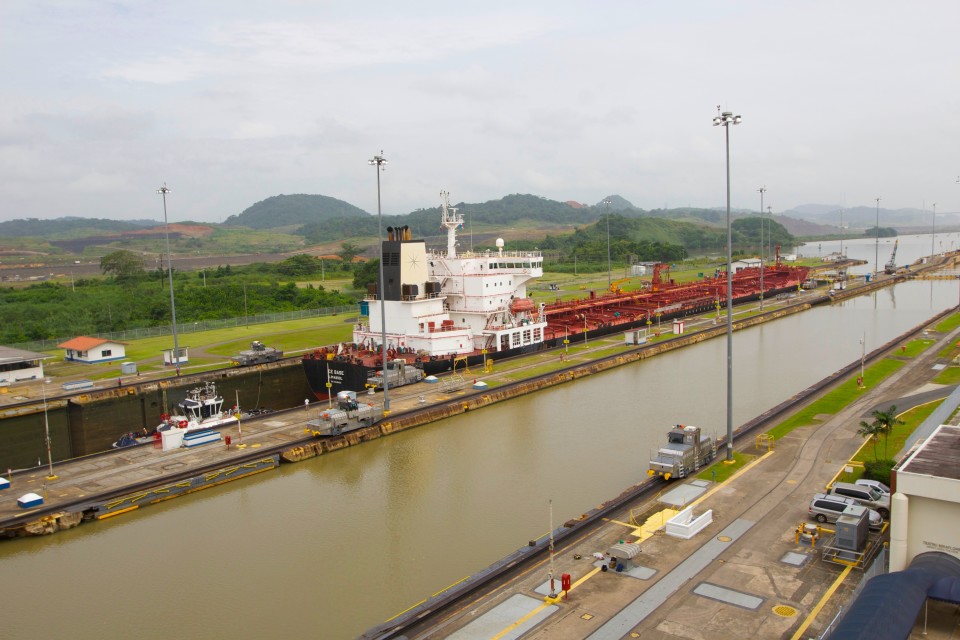 The boat passing through the second lock about 8 stories above sea level (it was raised from the first lock). 