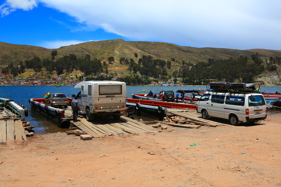 Hero boards a small ferry in Bolivia.