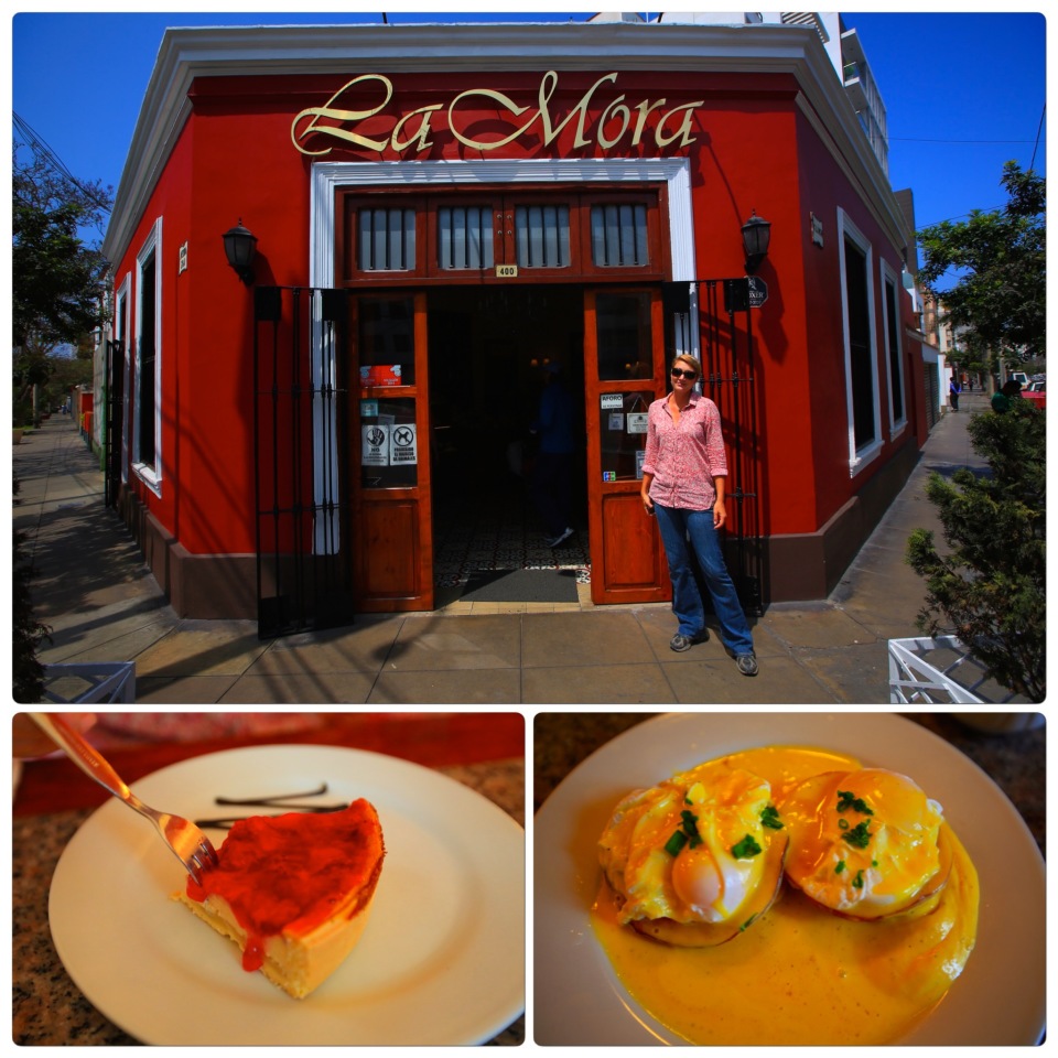 We ate at La Mora, a wonderful bakery in Miraflores three times, and when we left Lima it was with a giant bag of their bread, fresh baked German pretzels and cookies. This was the first eggs benedict we had since the US, and it was perfect, even if the hollandaise was more a swimming pool than a topping. Another favorite was the strawberry cheesecake. And all the bread was great and European style.